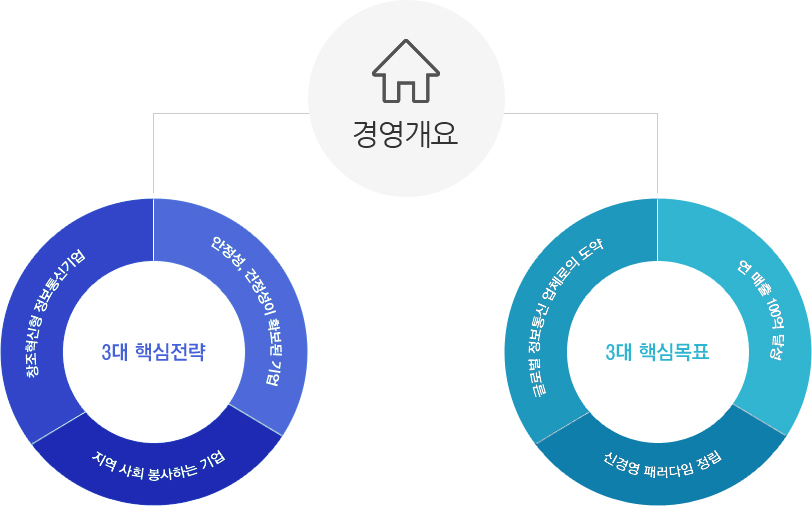 경영개요 : 3대 핵심전략- 창조혁신형 정보통신기업, 안전성, 건정성이 확보된 기업, 지역 사회 봉사하는 기업 / 3대 핵심목표 - 글로벌 정보통신 업체로의 도약, 연 매출 100억 달성, 신경영 패러다임 정립